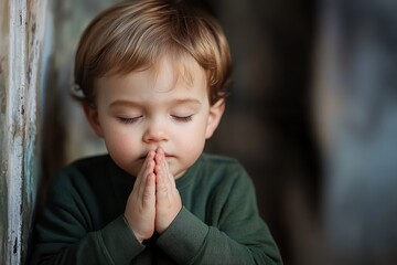 Fototapeta premium A child with a serious expression, folding his hands in prayer before a holy image. 