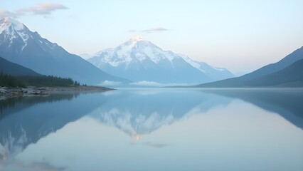 Naklejka premium Majestic Snowy Mountains Reflecting in a Calm Lake at Dawn - Panoramic Vista