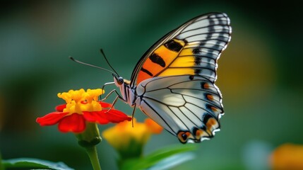 Fototapeta premium Vibrant monarch butterfly with open wings, nectar feeding on a bright pink zinnia flower close up