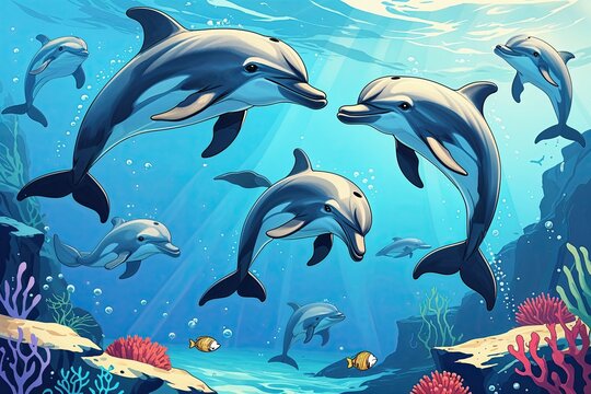 Playful Dolphins Aquatic Adventure Marine Wildlife Art Illustration