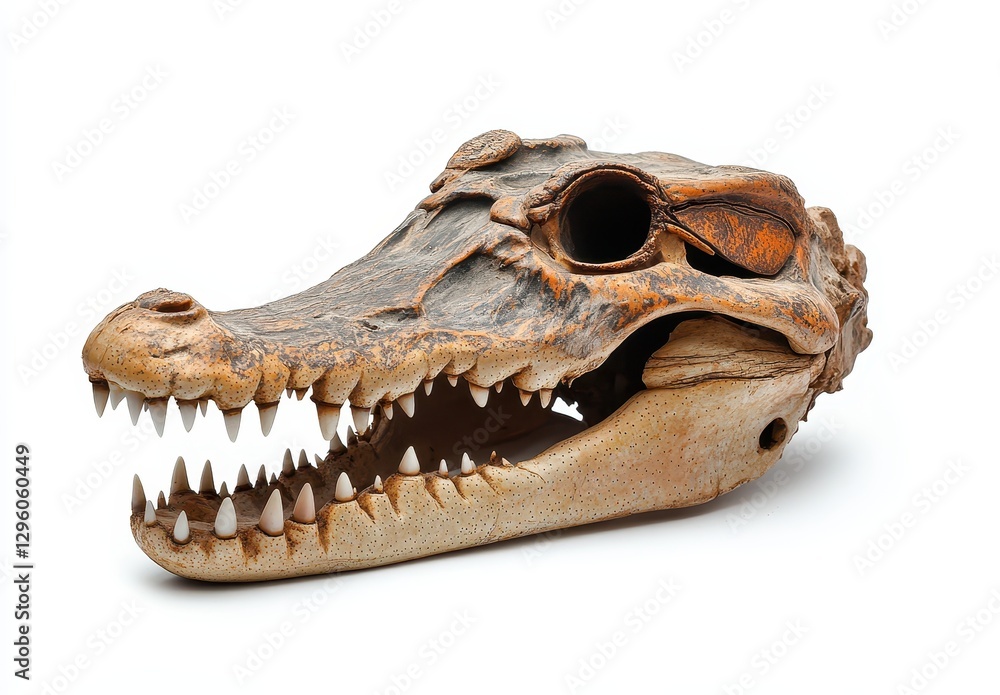 Poster detailed view of a crocodile skull showcasing distinct teeth structure and unique texture under stud