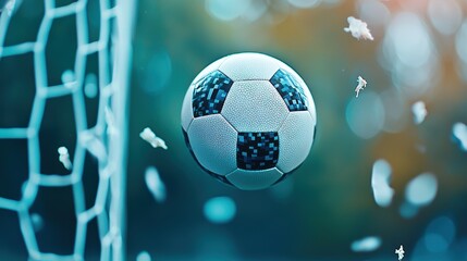 Fototapeta premium A soccer ball flying through the air, about to hit the back of the net, captured at the peak moment of action and anticipation during a game.