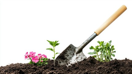A beautiful garden is taking shape with fresh plants and flowers. Gardening tools are essential for nurturing the earth. Enjoy the wonders of nature. Generative AI
