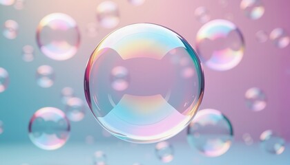 Colorful soap bubbles floating against a pastel background, playful and dreamy atmosphere