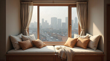 Sophisticated Window Seat with Beige Accents Against Sunlit Rainy Cityscape