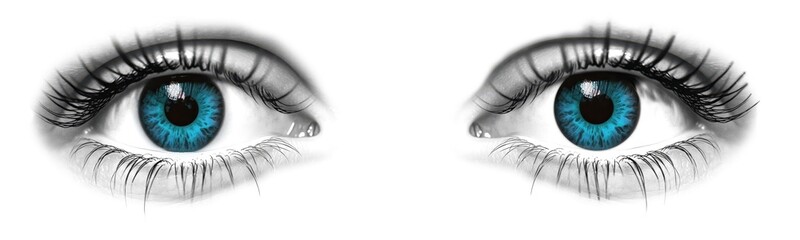 Abstract portrait of striking blue eyes, isolated on white background