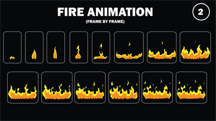Sprite sheet animation of fire, fire balls, flaming rock, firey claw, fire explosion, firethrower, torch, campfire, fire trap, fire pillar, frame by frame animation of fire. © Samiya 