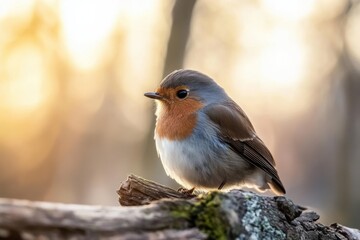 A gentle bird sitting on a tree branch at dawn. 