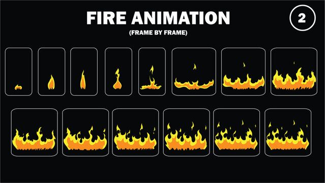 Sprite sheet animation of fire, fire balls, flaming rock, firey claw, fire explosion, firethrower, torch, campfire, fire trap, fire pillar, frame by frame animation of fire.