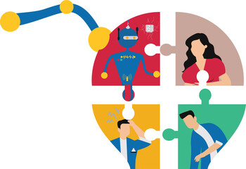Ai AI, Artificial Intelligence,robot new joiner to connect jigsaw puzzle,New joiner to fill in team and solve problem, teamwork to get solution, put right man in the right job to fit job