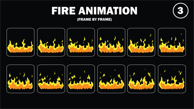 Sprite sheet animation of fire, fire balls, flaming rock, firey claw, fire explosion, firethrower, torch, campfire, fire trap, fire pillar, frame by frame animation of fire.