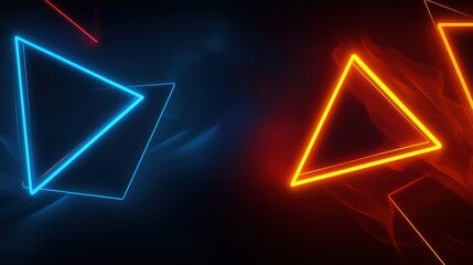 Abstract dark background with neon blue and orange triangle outline in perspective view