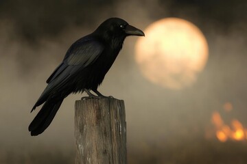 Obraz premium Dark raven perched on weathered post, silhouetted against glowin