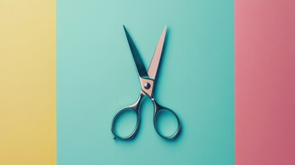 Top View of Open Craft Scissors on a Vibrant Teal and Gradient Color Surface.