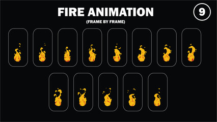 Sprite sheet animation of fire, fire balls, flaming rock, firey claw, fire explosion, firethrower, torch, campfire, fire trap, fire pillar, frame by frame animation of fire. © Samiya 