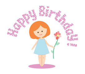 Birthday greetings. Red-haired girl with a flower wishing happy birthday. Illustration in cartoon style. EPS 10. Vector illustrations