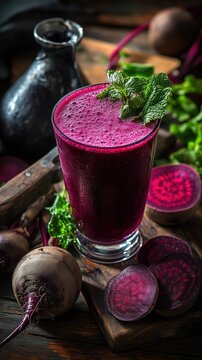 Vibrant beet juice in a clear glass: rich ruby red color, smooth texture, refreshing and healthy drink