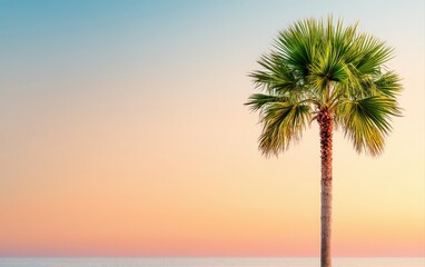 Serene Sunset Seascape Featuring a Single Palm Tree Silhouetted Against a Pastel Sky and Calm Ocean Perfect for travel vacation or relaxation themes
