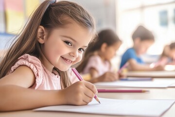 Happy little girl drawing with crayons in a bright modern classroom