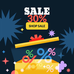 Open gift box with percent symbols. Sale banner, discount coupon, loyalty card, voucher design. Vector illustration