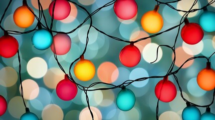 Colorful String Lights Against Teal Bokeh Background