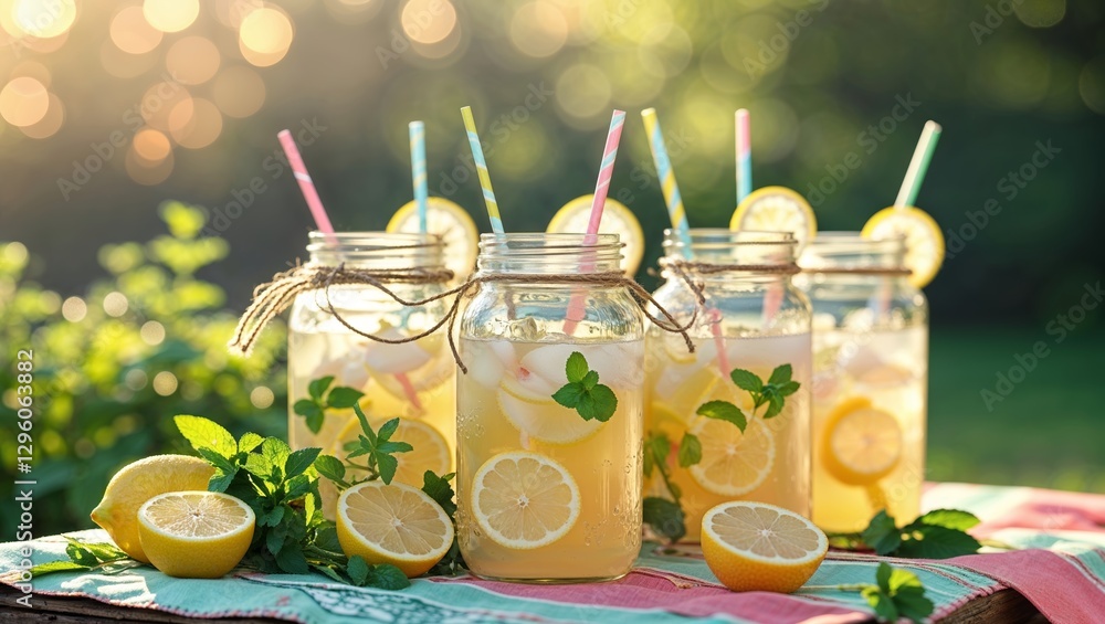 Poster refreshing summer lemonade jars with slices and mint against a sparkling background in a garden sett