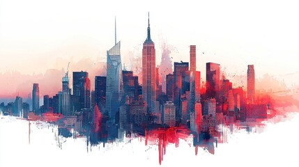 Obraz premium Elegant Art Deco skyscrapers, sleek high-rises featuring geometric facades and ornate metalwork, embodying Jazz Age glamour in a wholesome watercolor illustration, isolated for clipart use.