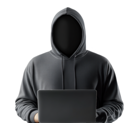 Mysterious faceless man in hoodie using laptop, cybersecurity and digital privacy concept