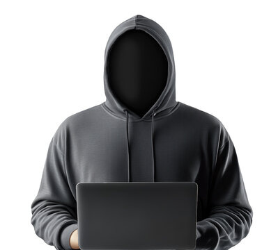 Mysterious faceless man in hoodie using laptop, cybersecurity and digital privacy concept - Powered by Adobe