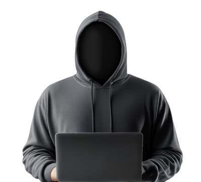 Mysterious faceless man in hoodie using laptop, cybersecurity and digital privacy concept