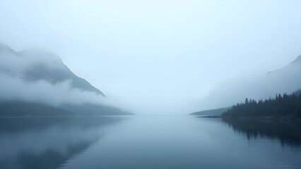 Fototapeta premium Still lake reflects mountains under heavy fog, creating an atmospheric and tranquil scenery