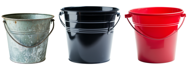 Collection of vintage and modern buckets: metallic steel, galvanized and plastic buckets for home and garden