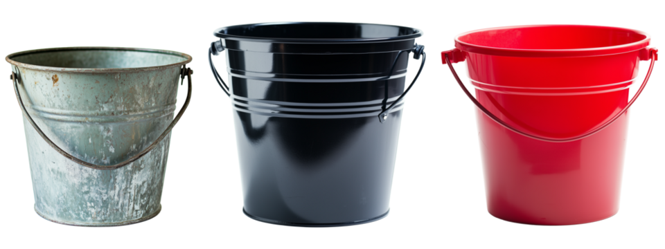 Collection of vintage and modern buckets: metallic steel, galvanized and plastic buckets for home and garden