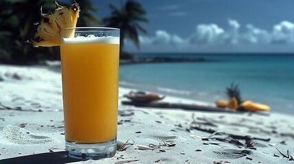 A bright and lively drink served in a condensation-covered glass featuring pineapple and coconut accents on a vibrant beachside picnic setup with the ocean nearby