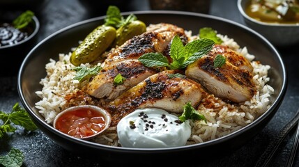 Dish of spiced chicken and rice with garnishes. Food on a plate.