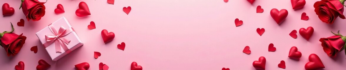Heart shaped confetti on pink background with roses and gift boxes, cheerful, festive