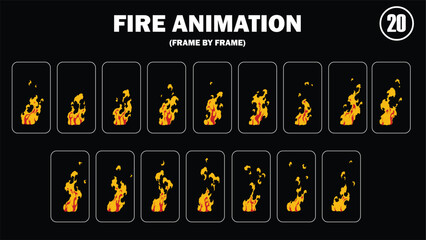 Sprite sheet animation of fire, fire balls, flaming rock, firey claw, fire explosion, firethrower, torch, campfire, fire trap, fire pillar, frame by frame animation of fire. © Samiya 