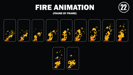 Sprite sheet animation of fire, fire balls, flaming rock, firey claw, fire explosion, firethrower, torch, campfire, fire trap, fire pillar, frame by frame animation of fire. © Samiya 