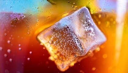 Macro ice cube, tropical drink: fine bubbles trapped inside. Refreshing, cool, summer vibe