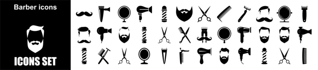 Barber Icon Set for Haircut Grooming Salon Beard Styling Razor Scissors Shaving Beauty