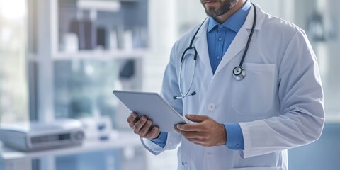 Doctor in white coat using iPad to review patient medical records, suggesting modern healthcare practices and advancements in technology.