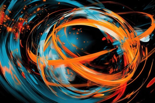 swirling abstract globe with fiery orange and cool blue energy tendrils spiraling across a starry black void, pulsating with futuristic digital vibes and cosmic elegance.