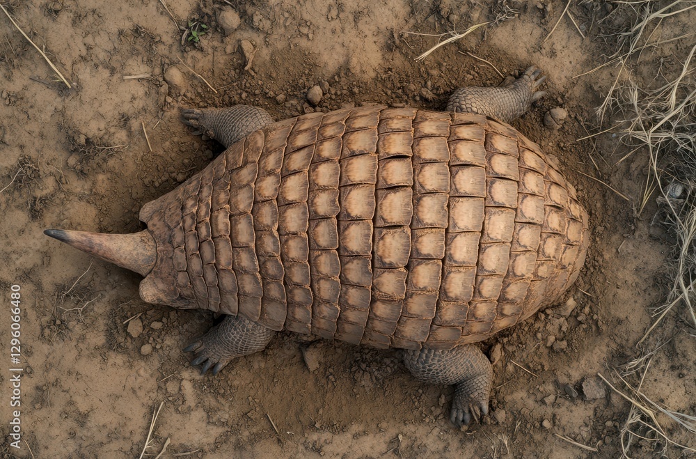 Poster exquisite close-up of unique armadillo-like creature with scaly shell resting on earth surrounded by