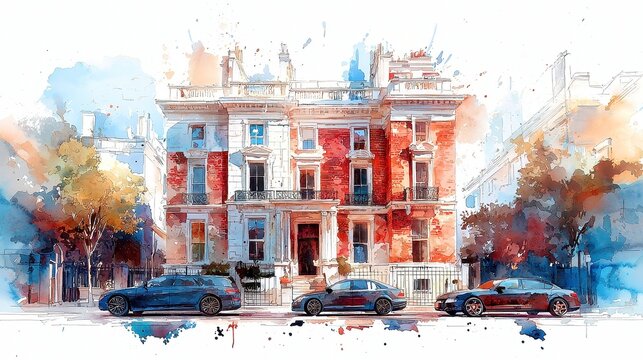 Georgian Townhouse Illustrations, Charming symmetrical brick homes showcasing classic architecture, vibrant watercolor art style, ideal for elegant urban design projects, isolated on white background