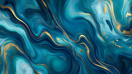 Fototapeta premium Abstract blue and teal marble pattern with gold accents, flowing lines creating an elegant design 