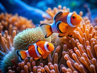 Adorable Couple of Clownfish Swimming in Vibrant Blue Ocean Water - Underwater Stock Photo