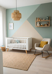 Modern Scandinavian children's room in mint yellow tones
