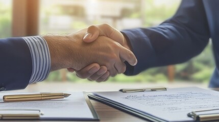 Business Partners Shaking Hands Over Contract in Modern Office Setting