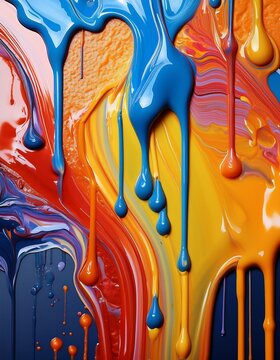 Macro colorful paint drip: random, mesmerizing patterns. Abstract fluid art, vibrant texture