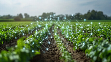 Smart agriculture: digital network over a field of crops. Connecting technology and farming for efficient and data-driven agriculture management.